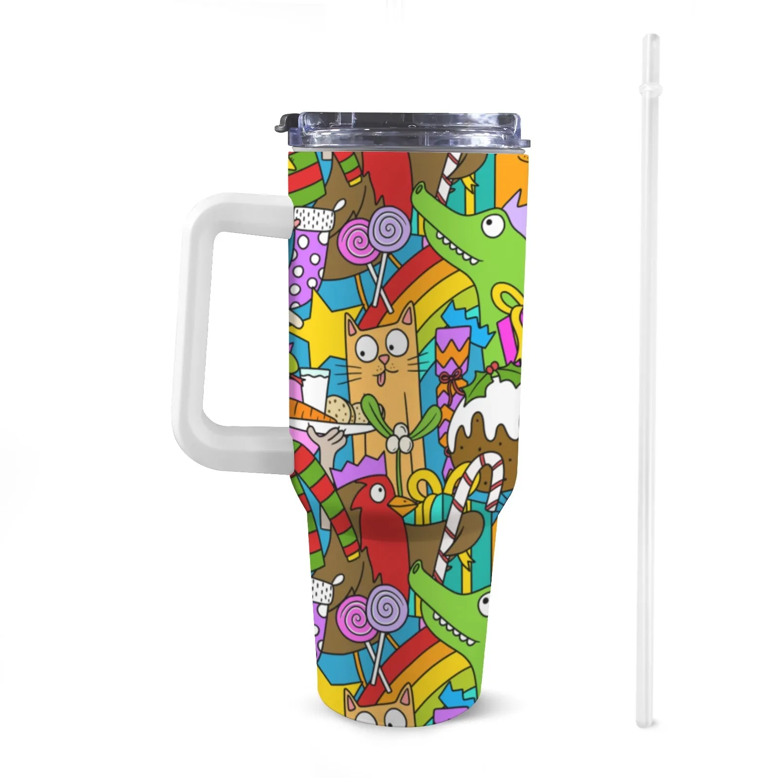 40oz/1200ml Christmas Stanley-Style Tumbler – with Festive Patterns (Zany, Traditional & Snowy Designs)