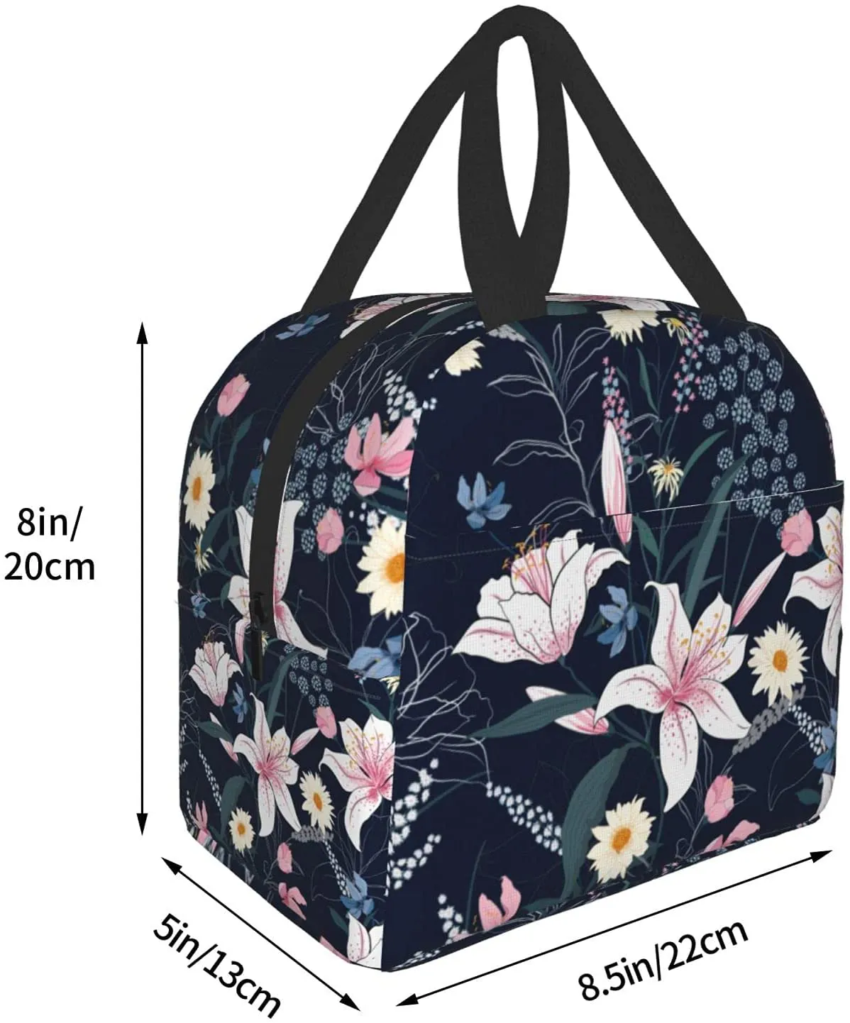 Floral Lunch Bag Insulated Tote Box with Front Pocket Reusable Waterproof Reusable Cooler Flower Lunch Container for Work Office Picnic Travel Beach Men & Women