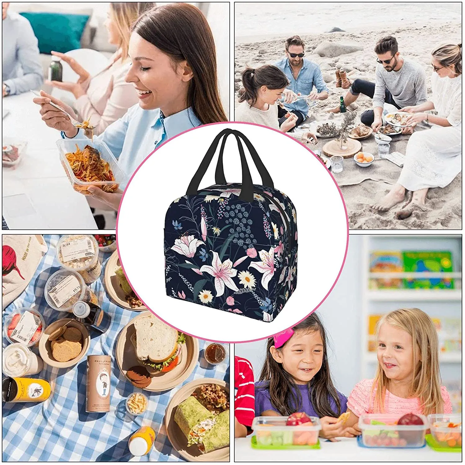 Floral Lunch Bag Insulated Tote Box with Front Pocket Reusable Waterproof Reusable Cooler Flower Lunch Container for Work Office Picnic Travel Beach Men & Women