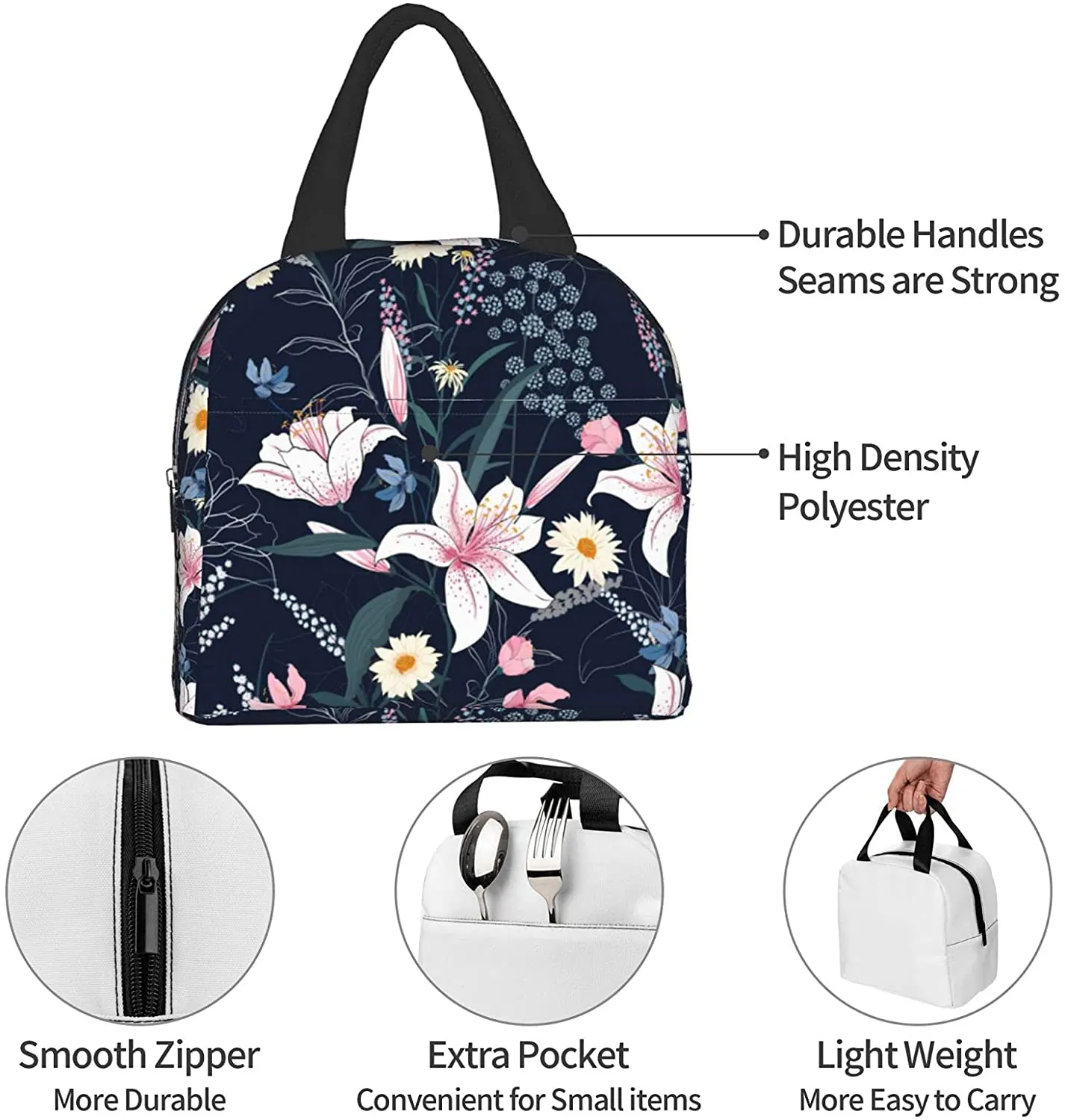 Floral Lunch Bag Insulated Tote Box with Front Pocket Reusable Waterproof Reusable Cooler Flower Lunch Container for Work Office Picnic Travel Beach Men & Women