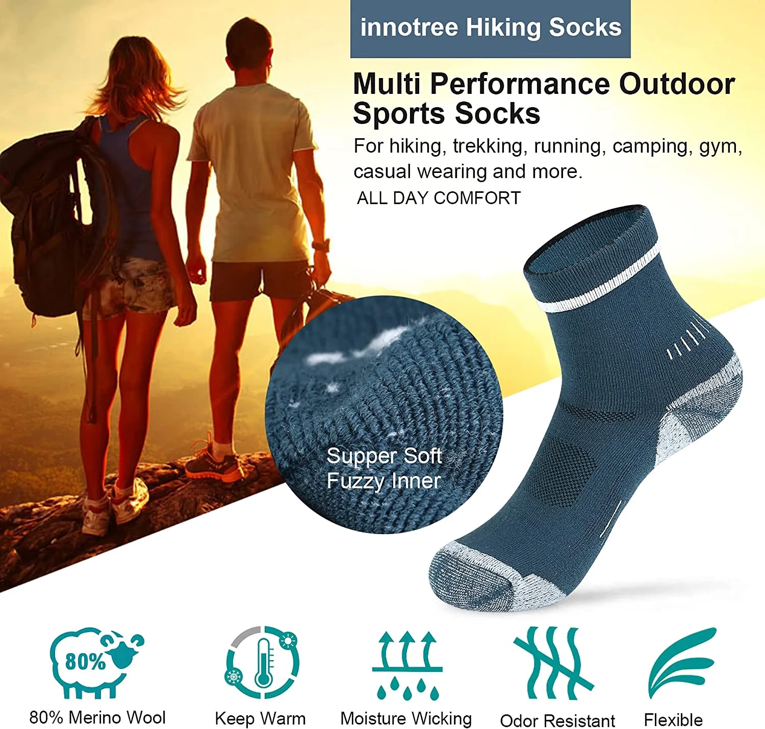 innotree 3 Pack Men's Merino Wool Hiking Socks, Full Cushioned Hiking Walking Socks Moisture Wicking Quarter Crew Socks