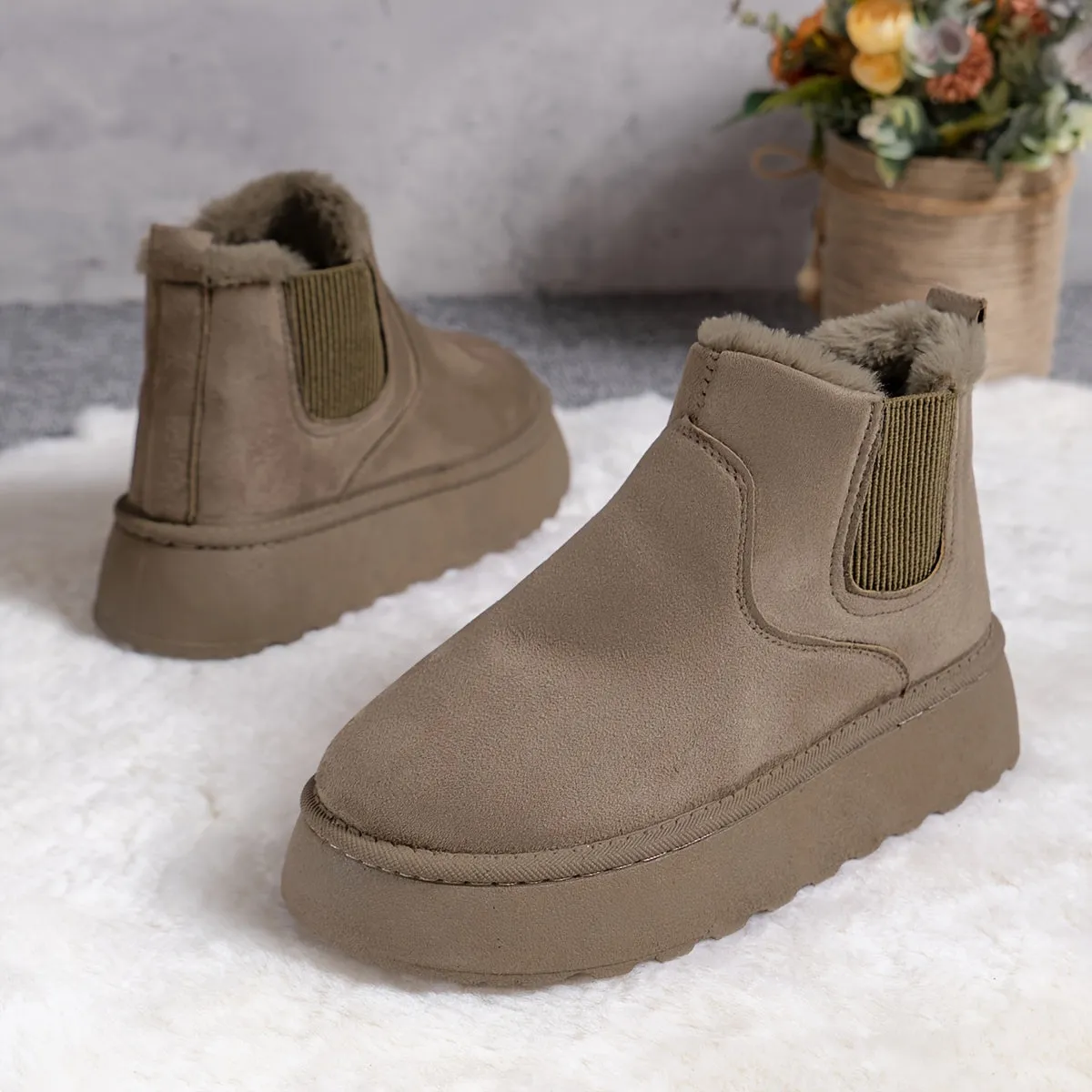 Women's Solid Color Fluffy Boots, Thermal Lining Platform Soft Sole Winter Daily Shoes, Non-slip Warm Snow Boots