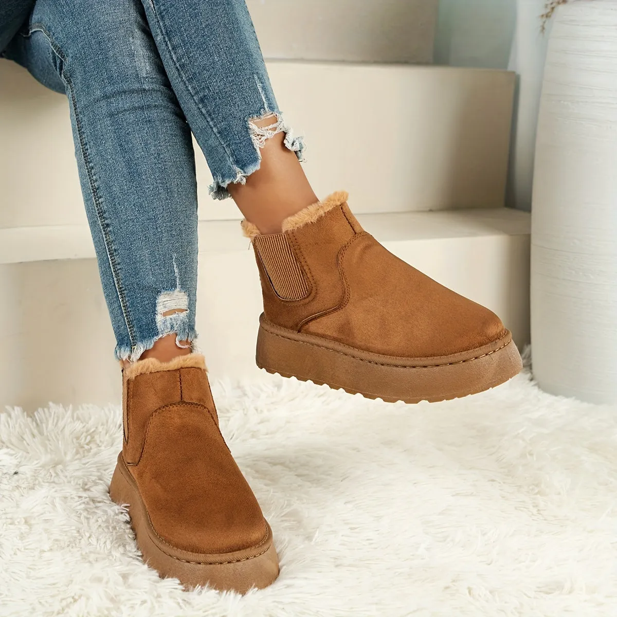 Women's Solid Color Fluffy Boots, Thermal Lining Platform Soft Sole Winter Daily Shoes, Non-slip Warm Snow Boots